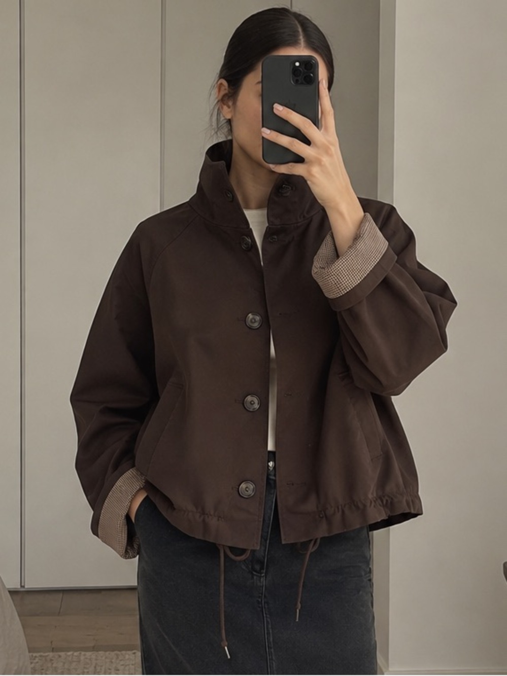 H&M Funnel-Collar Twill Jacket Dark Beige Drawstring Hem Size L